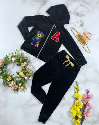 Komplet welurowy dla dziewczynki Bear Black