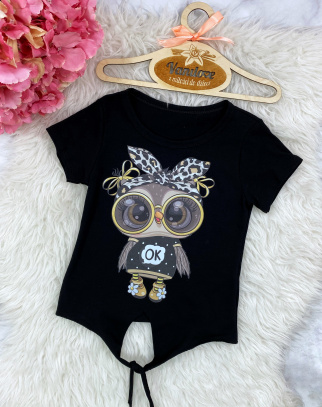 Bluzka/T-shirt dla Dziewczynki Owl BLACK z Wiązaniem