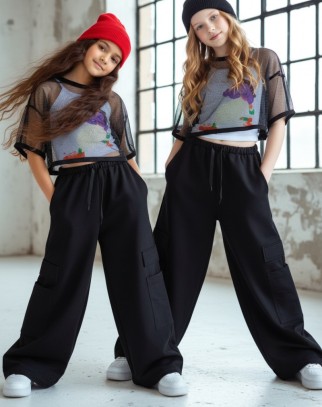 Komplet 3częściowy dziewczęcy Projektantka top+bluzka siatka+spodnie